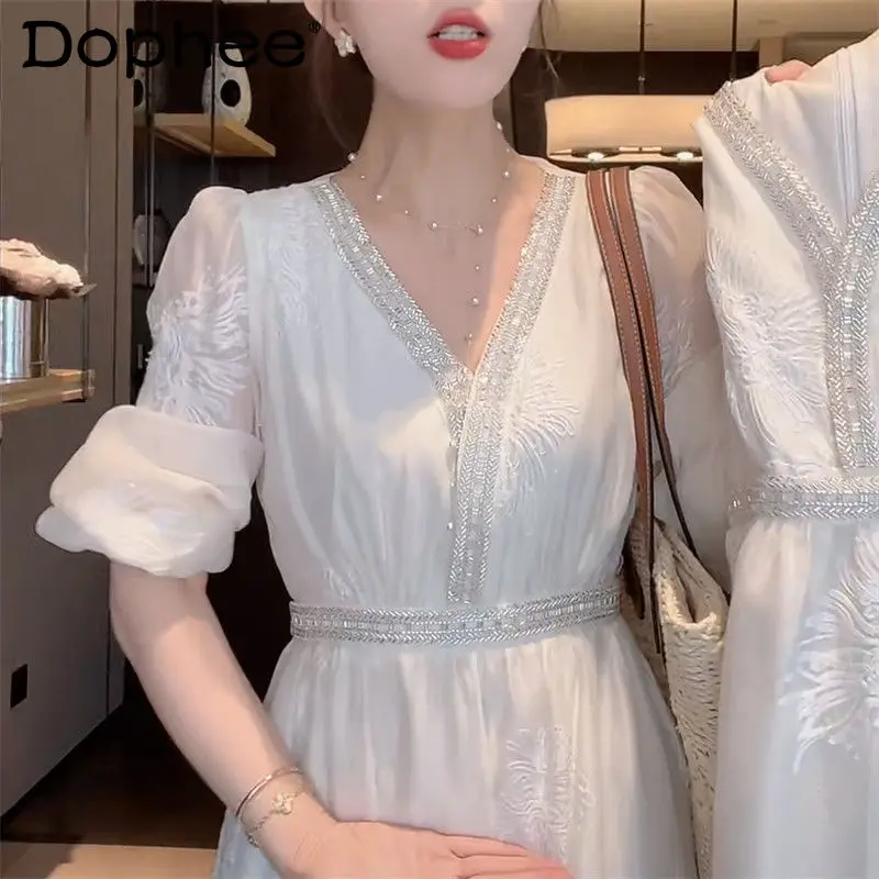 

French Style Puff Sleeve V-neck Dress Women Summer New Sweet Fashion Over The Knee Temperament Mid-Length with Embroidery Dress