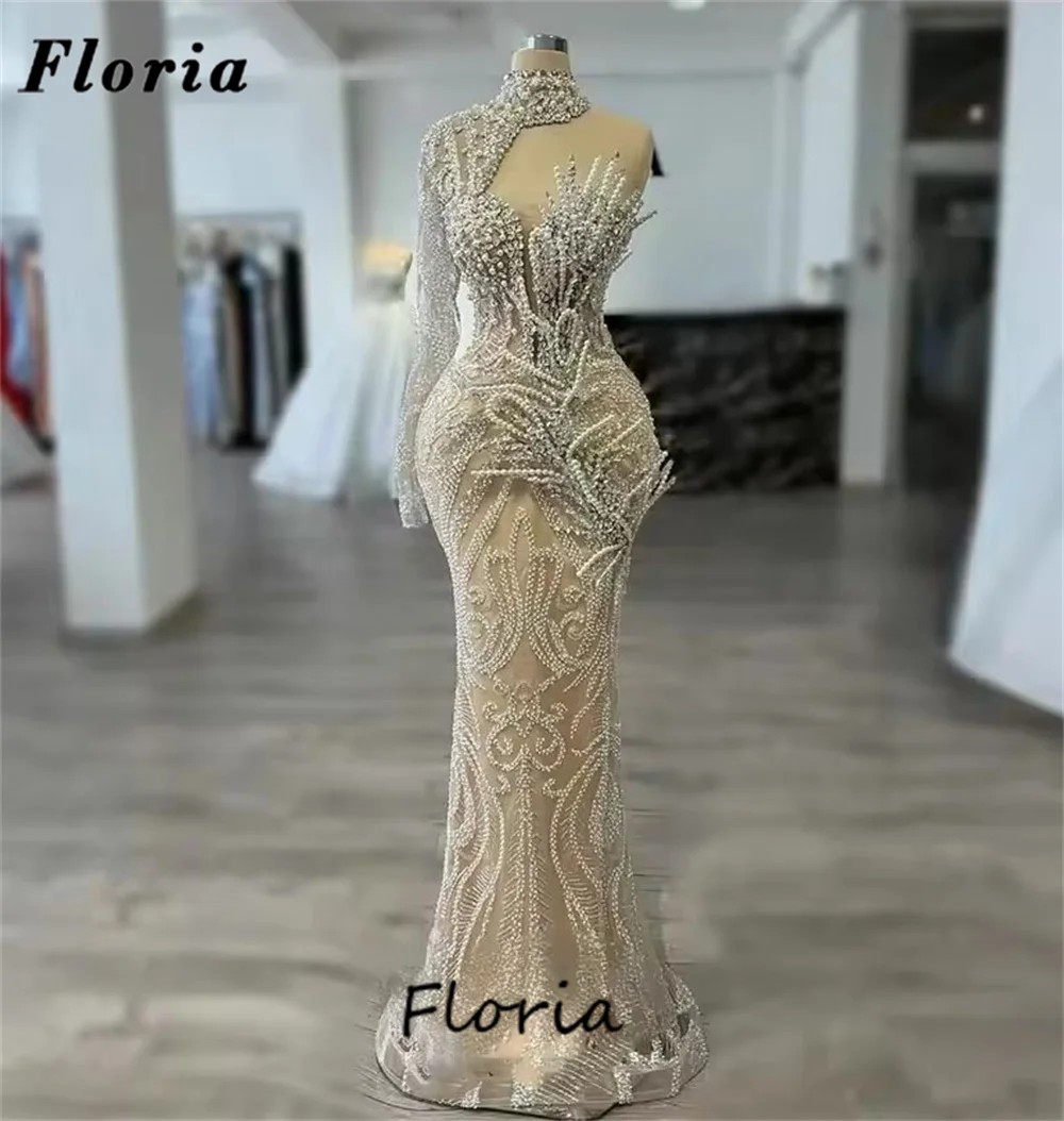 Vestidos De graduación De sirena color champán, vestido De celebridad con un hombro, vestidos De fiesta De noche con cuentas y perlas elegantes, batas De velada personalizadas