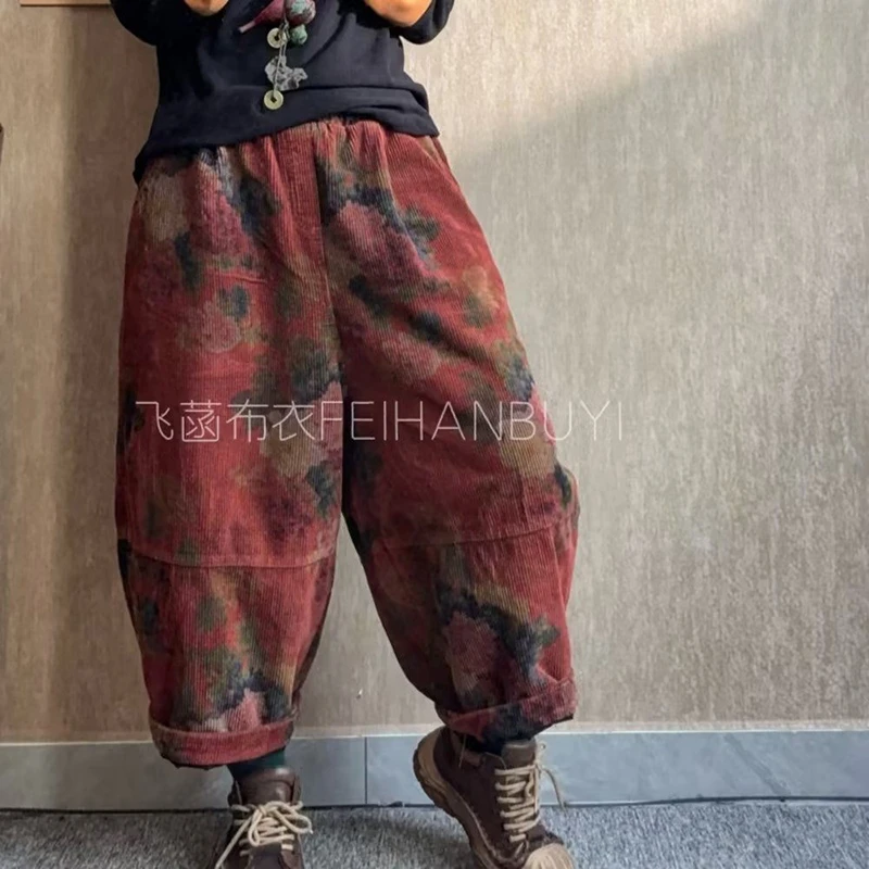 26 New Arrival Winter Women Ankle-length Pants Casual Loose Floral Print Cotton Corduroy Elastic Waist Thicken Harem Pants F129