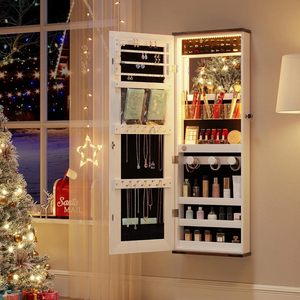 

Шкаф для украшений в стиле фермерского дома с LED-подсветкой, запираемый органайзер для украшений на дверь с зеркалом, подвесной шкаф для украшений