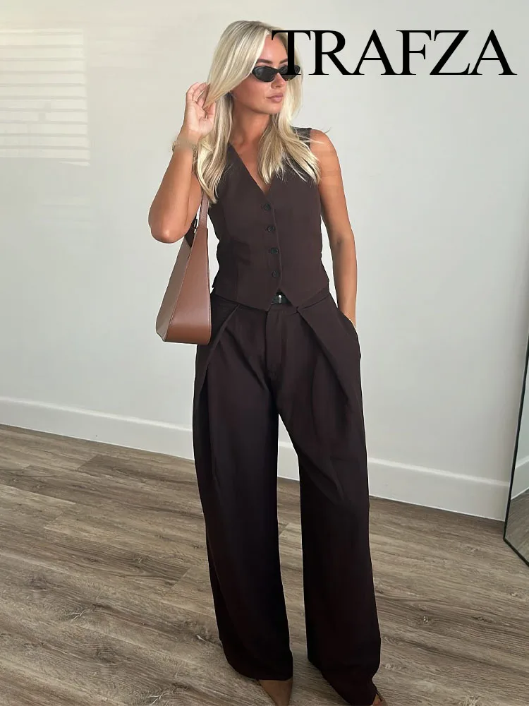 TRAFZA Summer Fashion Women Suit Solid V-Neck Sleeveless Side Slit Single Breasted Vest+High Waist Pockets Sashes Wide Leg Pants