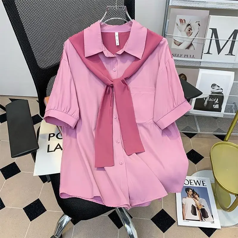 

Plus Size Summer Shirt Fake Two Pieces Short Sleeve Turn Down Collar Oversized Blouses Solid Color Loose Women Shirt Z470