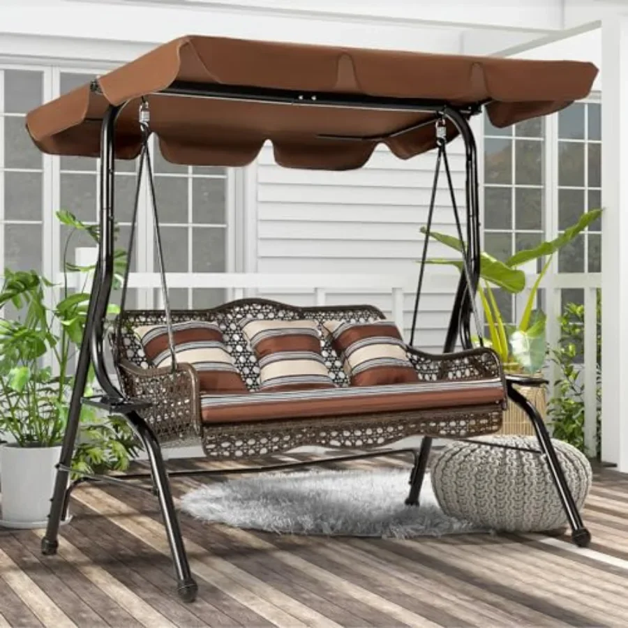 3-Seat Outdoor Patio Swing Chair, Large Converting Canopy Porch Swing Glider, Hammock Lounge Chair for Porch, Rattan Wicker Ste