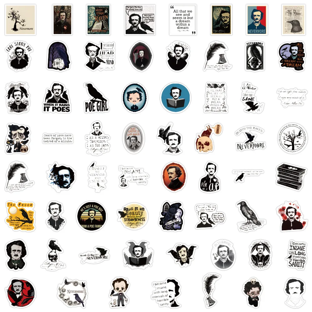 60PCS Gothic Poet Stickers Edgar Allan Poe Graffiti Sticker DIY Decoration Suitcase Fridge Laptop Guitar Car Bike Decals Toys