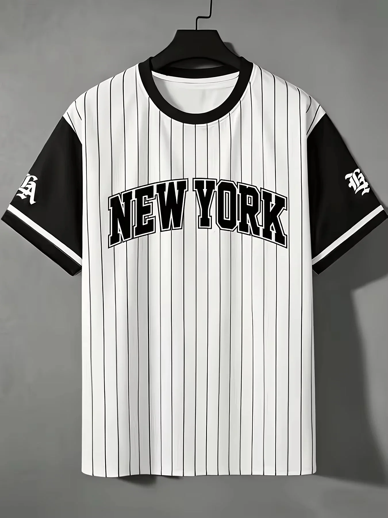 Men New York Letter Print Striped T-Shirt Vintage Ringer Collar Short Sleeve Tee, Unisex Casual Streetwear Top