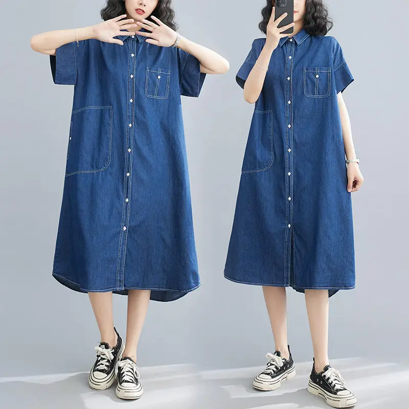 Large Size Denim Shirt Dress Women 2023 Summer New Open Line Decoration Casual Single Breasted Female Robe Jeans Vestidos Z1482