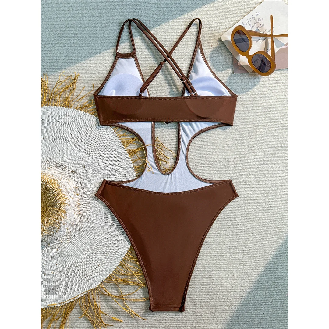 Sexy Badeanzug für Damen mit Metallring-Ausschnitt und Kreuzrücken, einteiliger Badeanzug, hoch geschnittene Beine, Monokini, Badebekleidung, Badeanzug V7566 – Detail 15
