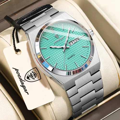 Reloj POEDAGAR de lujo a la moda para hombre, reloj de pulsera de cuarzo de acero inoxidable resistente al agua para hombre, relojes de negocios luminosos con fecha y semana para hombre