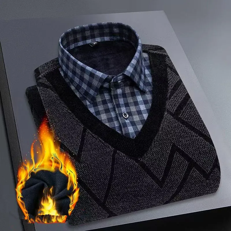 2025 Men's Fashionable Warm And Cozy Faux Two-Piece Pullover Sweater - High-Quality Fall And Winter Business Coat-Style Sweater