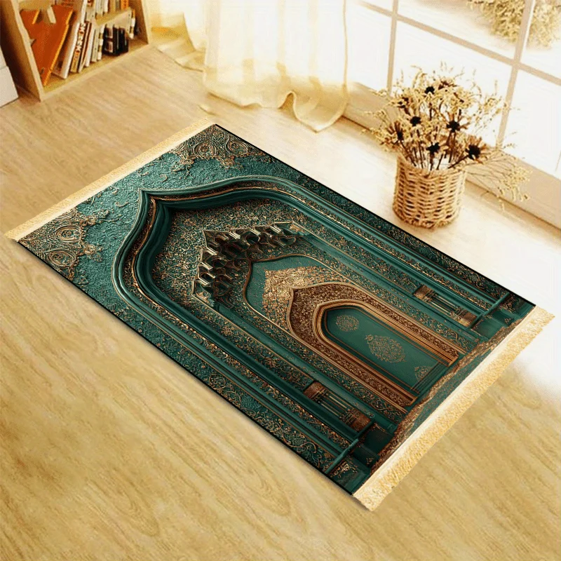 Dark Green Gilded Architectural Art Prayer Rug Non-Slip Floor Mat Living Room Bedroom Entrance Home Decorative Area Rug Mat