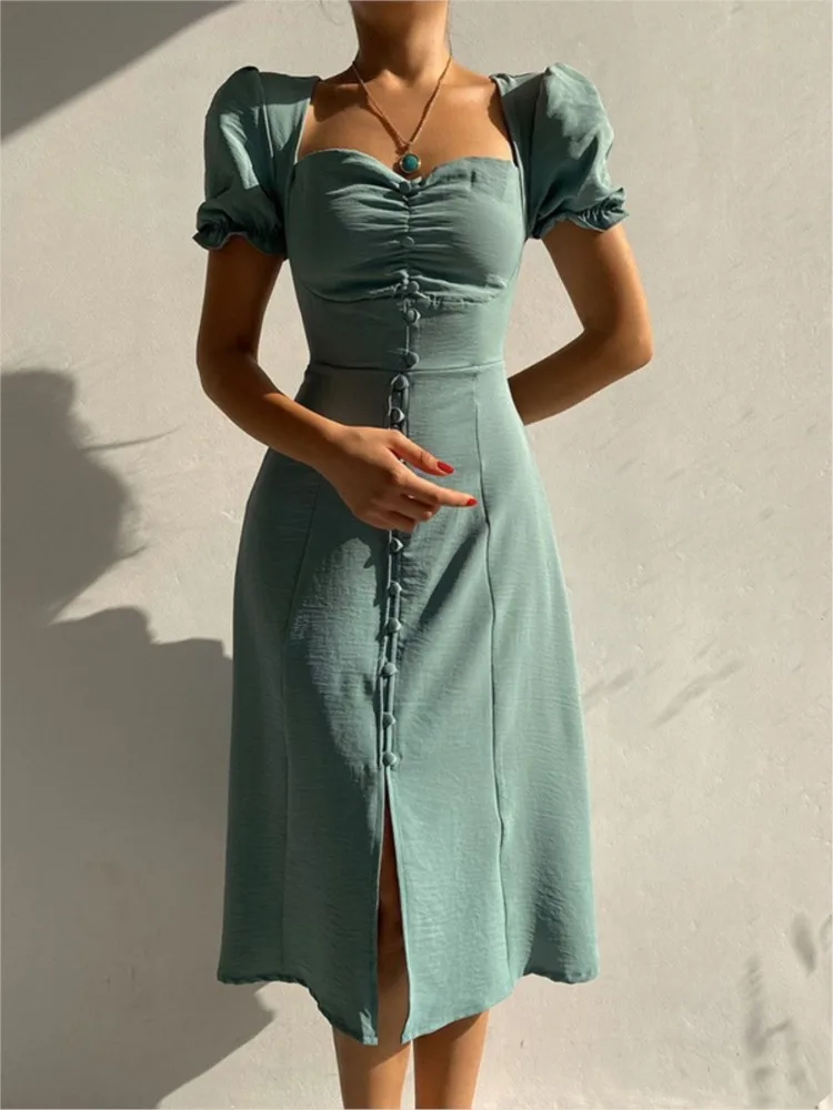 

Summer Fashion Bandage Bodycon Dresses For Women Puff Short Sleeves Sexy Low Cut Slim A-line Dress Elegant Ladies Vestidos