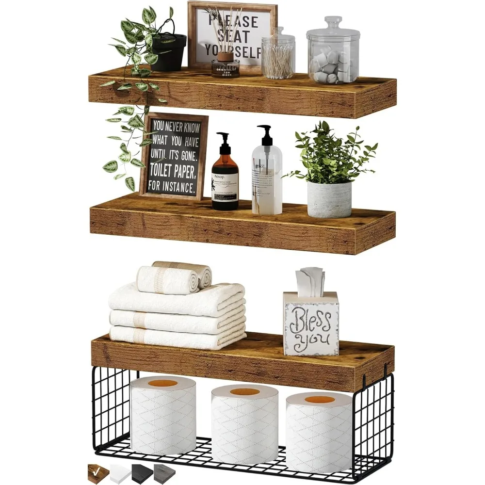 

Rustic Brown Floating Shelves Set of 3, Wall Mounted Over Toilet for Storage and Farmhouse Decor, 16 Inch