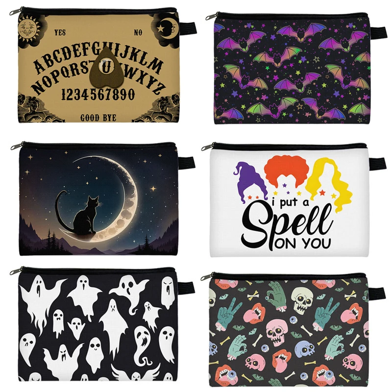 Ouija Board Ghost Print Cosmetic Case Magic Black Cat Witch Women Makeup Bag Bats Skull Candy Napkin Storage Bags Halloween Gift