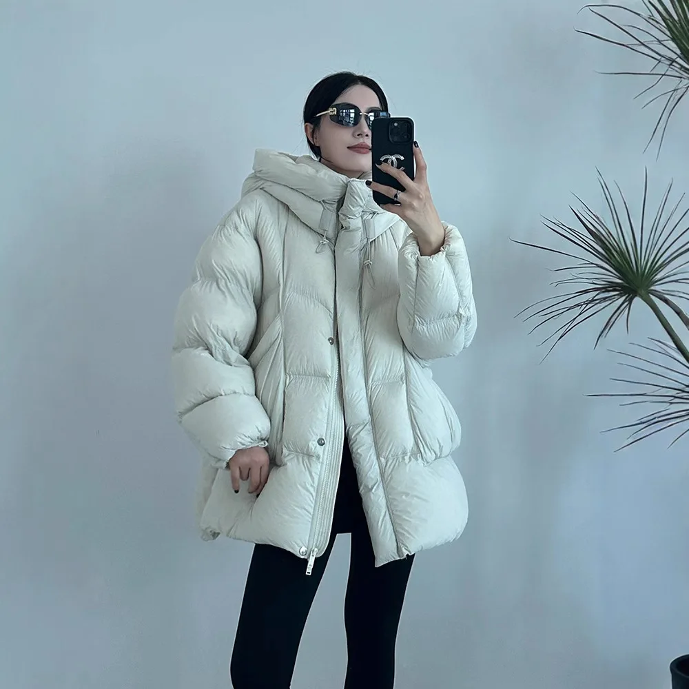 Puff Down Jacket Female Winter New Thickened White Duck Down Warm Coat Hooded Medium-length Loose Solid Color Fashion Jacket