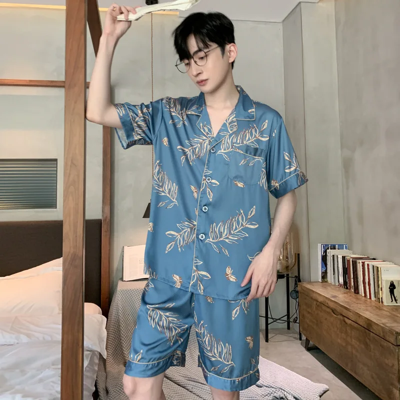 High Quality Satin Pajamas Set Spring Autumn Home Clothing Summer Thin Short Sleeved Ice Silk Long Large Size Sleepwear Set Male