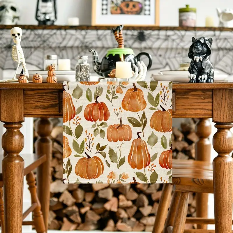 VIKAMA Watercolor Pumpkin Table Runner Fall Autumn Leaf Floral Print Tablecloth Thanksgiving Harvest Home Dining Table Decor