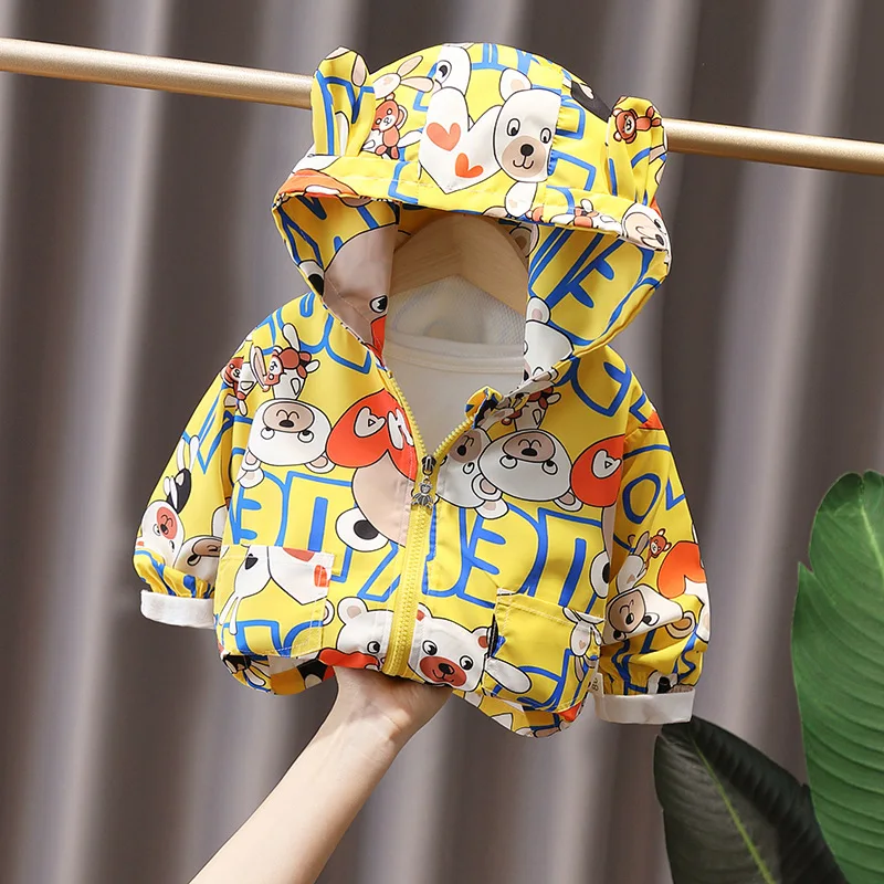 Korean Spring Autumn Toddler Boys Coat Cartoon Printed Hooded Zipper Loose Kids Boys Windbreaker Coat Baby Boys Jacket