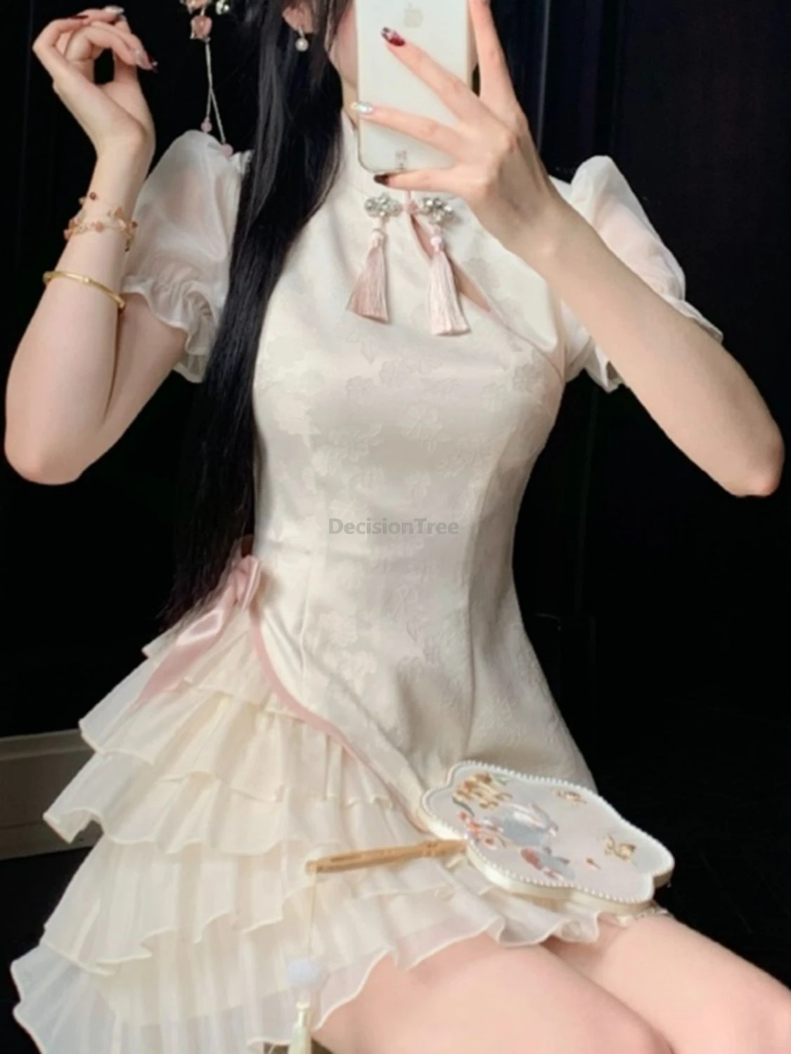 

Милое платье-ципао в китайском стиле с жаккардовым узором и бантом-бабочкой, короткое, с завышенной талией, для молодых девушек, элегантное, улучшенное, в стиле «сладкое пирожное»