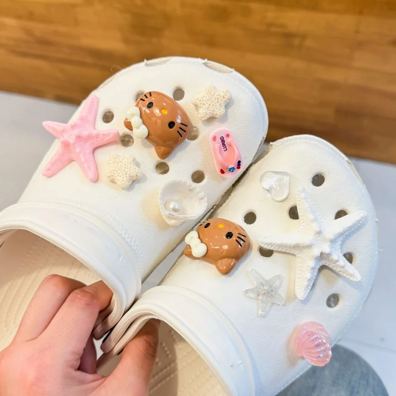 Cute Tan Hello Kitty Shoes Charms Set Beach Starfish & Shell Shoe Accessories Resin Clog Decorations for Sandals Gift for Summer