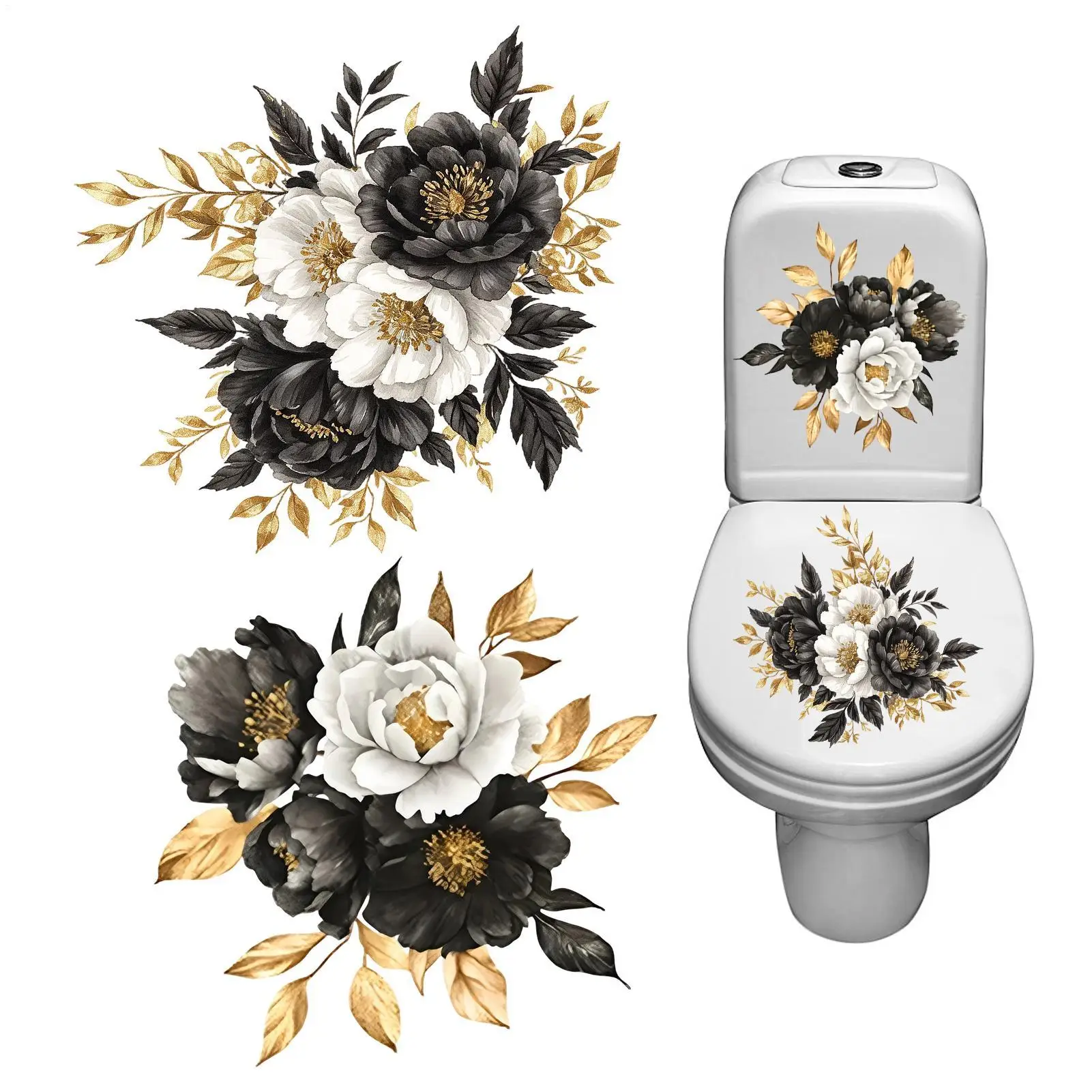 2pcs Flower Toilet Stickers Black And White Bathroom Decals Waterproof Self-Adhesive Toilet Seat Decals For Modern Home Decor