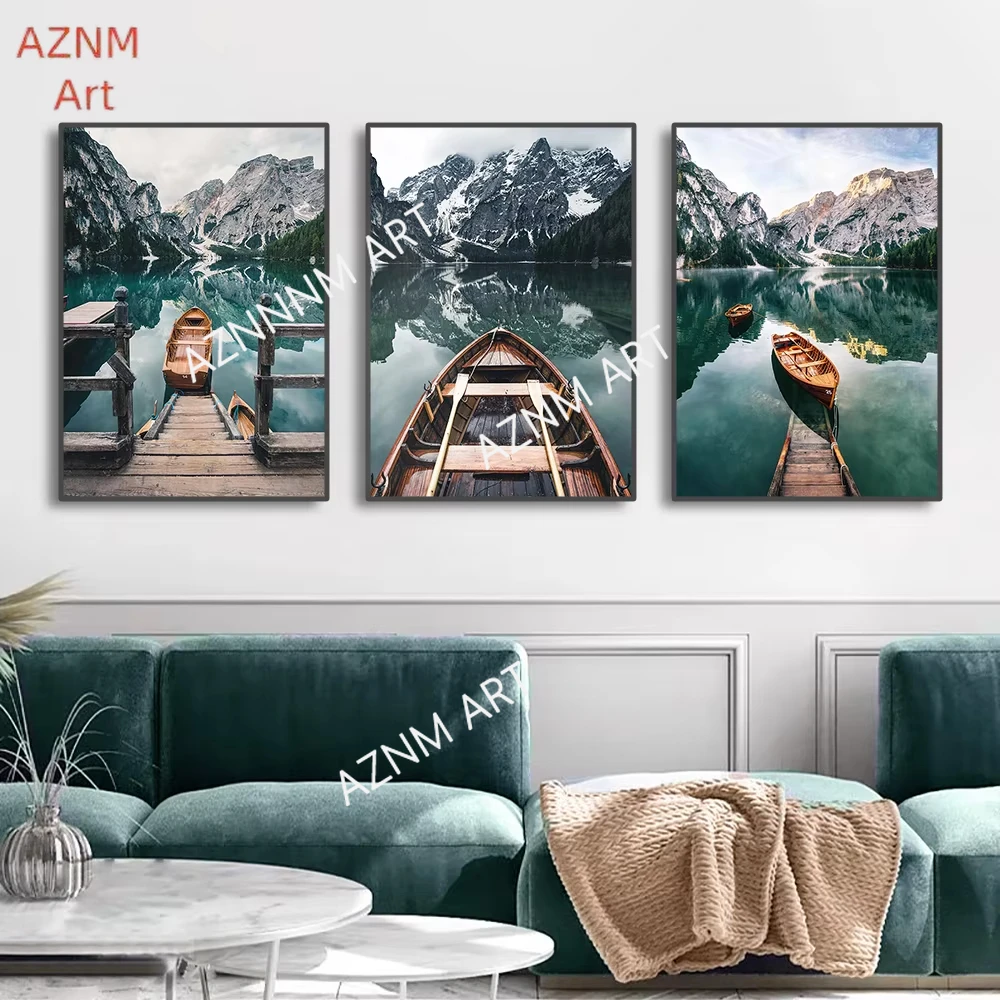 1/3PCS ，Nature Landscape Poster Mountain Lake Boat Nordic Pictures Wall Art Canvas Painting for Living Room Bedroom Home Decor