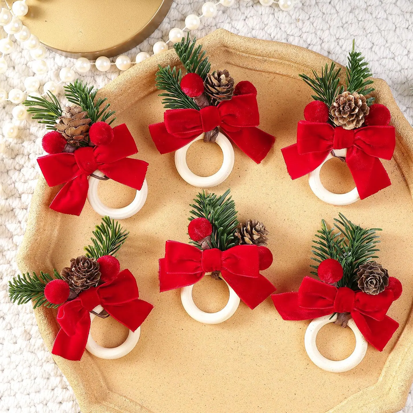 Christmas Bow Napkin Ring Chic Velvet Bow Berry Pine Napkin Buckles for Wedding Christmas Dinner Party Table Decoration