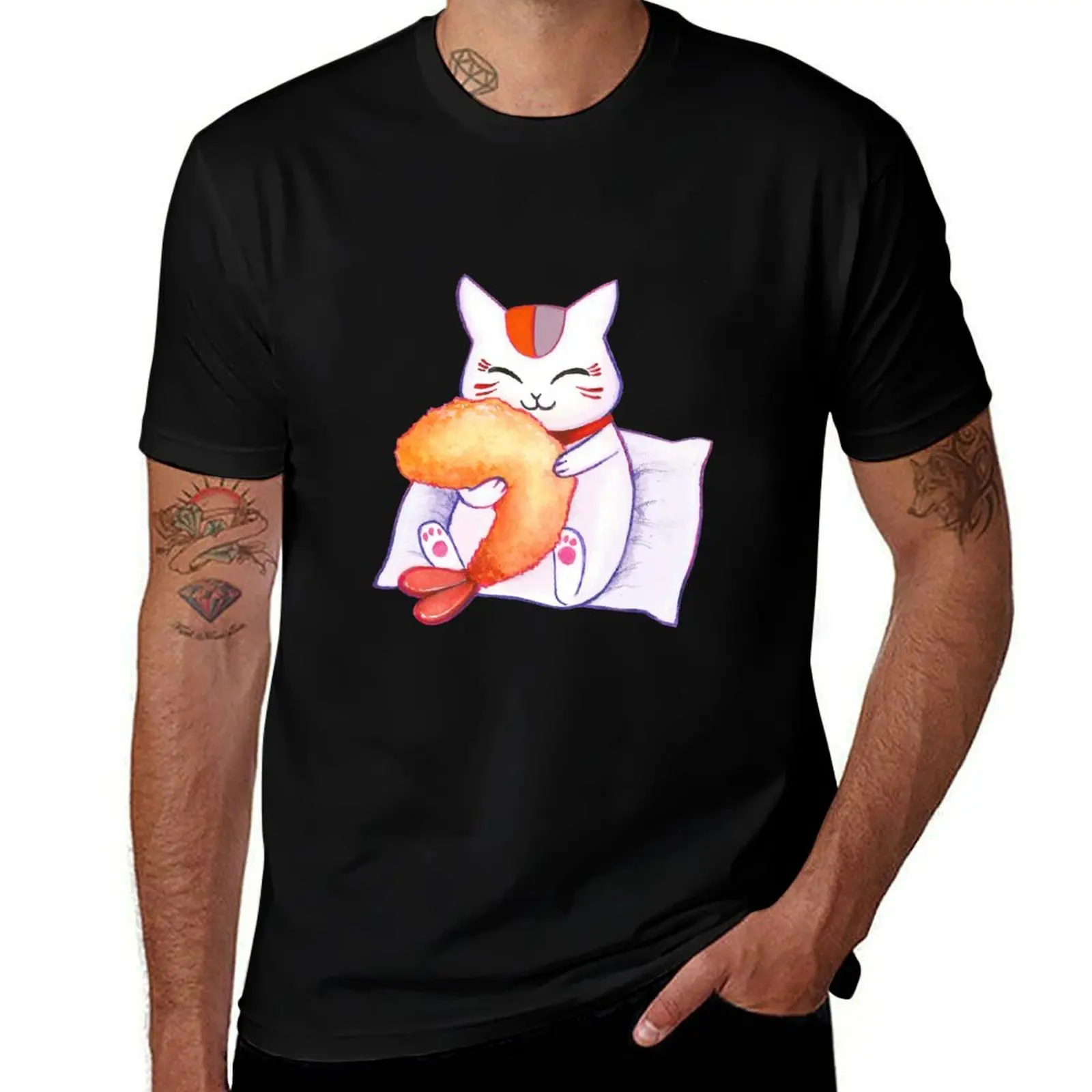 

Nyanko Sensei with tempura prawn T-Shirt man t shirt cotton t shirt man cotton t shirt man plain T-Shirt