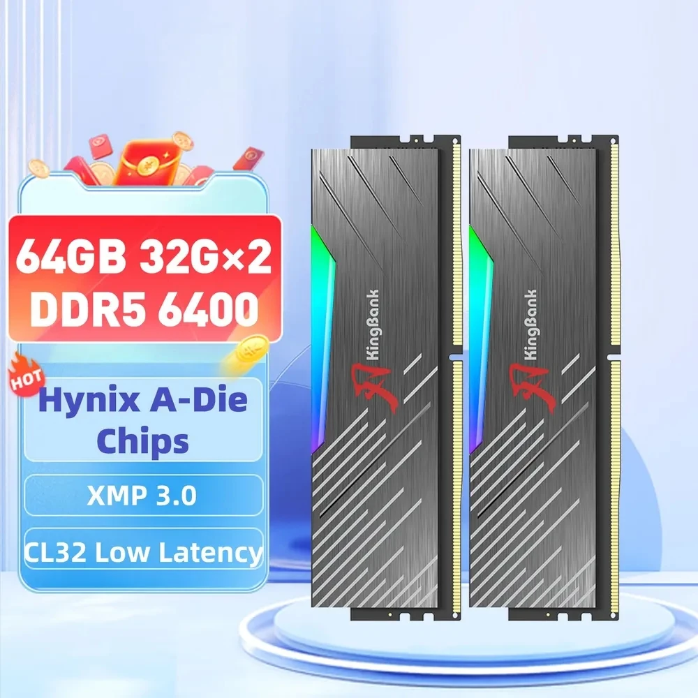 ذاكرة الوصول العشوائي KingBank DDR5 باللون الأسود RGB Hynix A die Memory 64GB 32GB 32GBX2 6400MHz أداء لسطح المكتب CL32 1.4V memoria