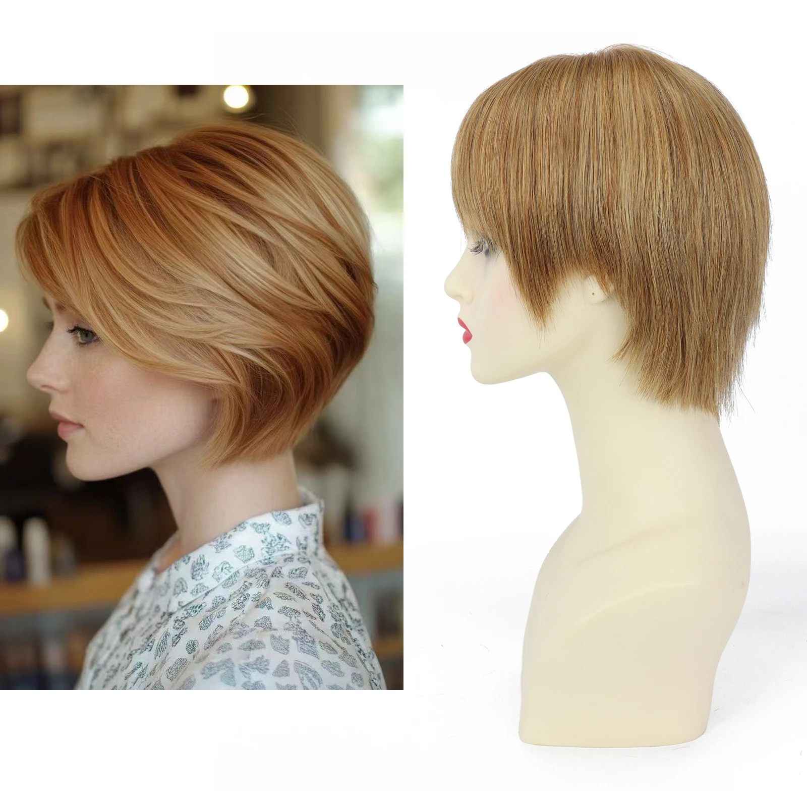 

Короткий парик-пикси 6x6 дюймов с шелковой основой, медово-русый, с шелковой основой и линией роста волос из полиуретана, из натуральных человеческих волос, эластичная сетка, для женщин.