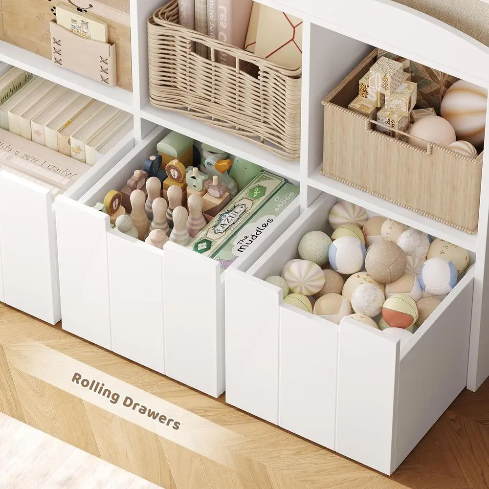 Kids Toy Storage Organizer with Bookshelf, Multifunctional Book Shelf with 3 Movable Toy Organizers for Kids Room, Kids Bookcase view 5