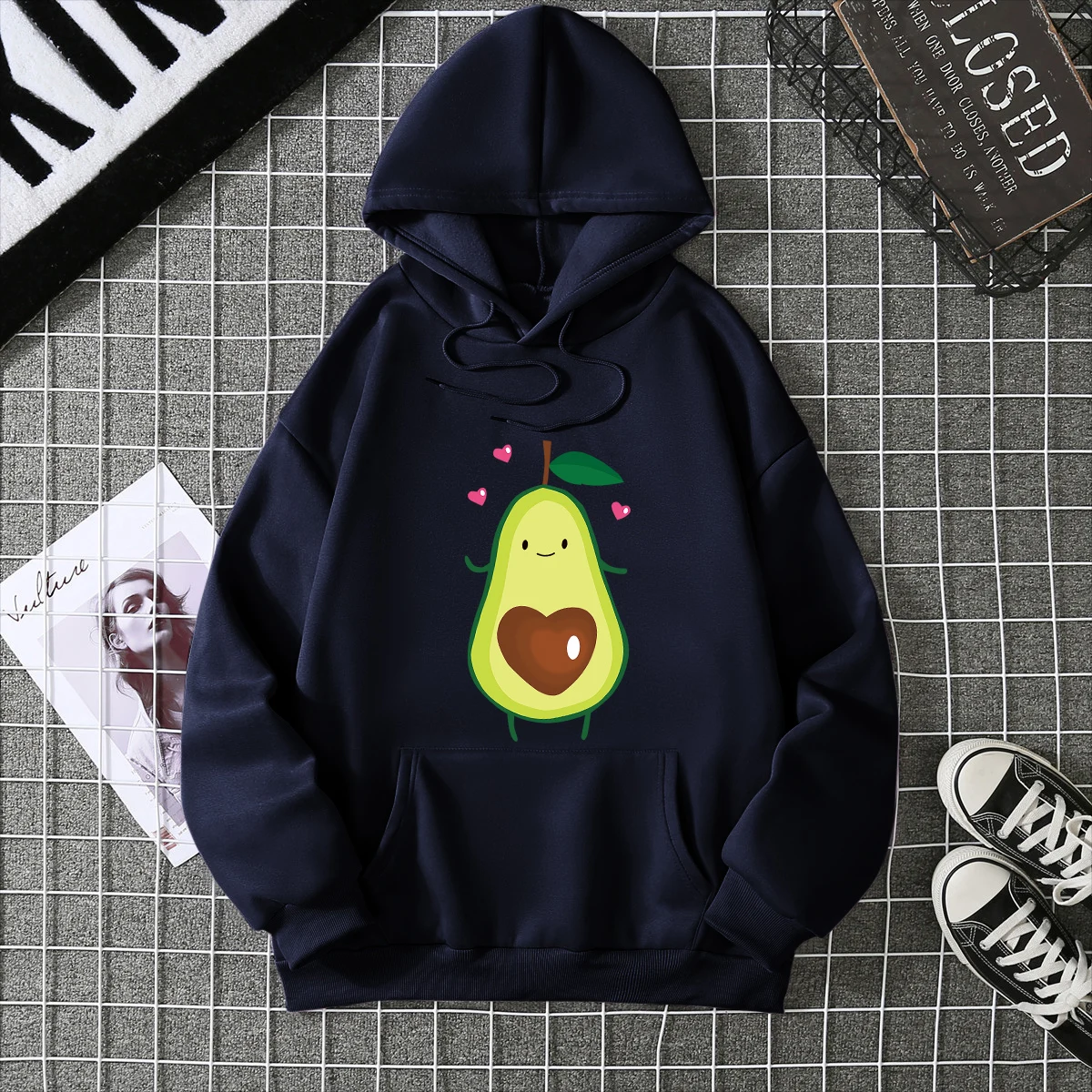 후드티 사랑스러운 만화 아보카도 프린팅 후드티 여성 패션 캐주얼 풀오버 여성용 미학 겨울 여성용 스웨트셔츠