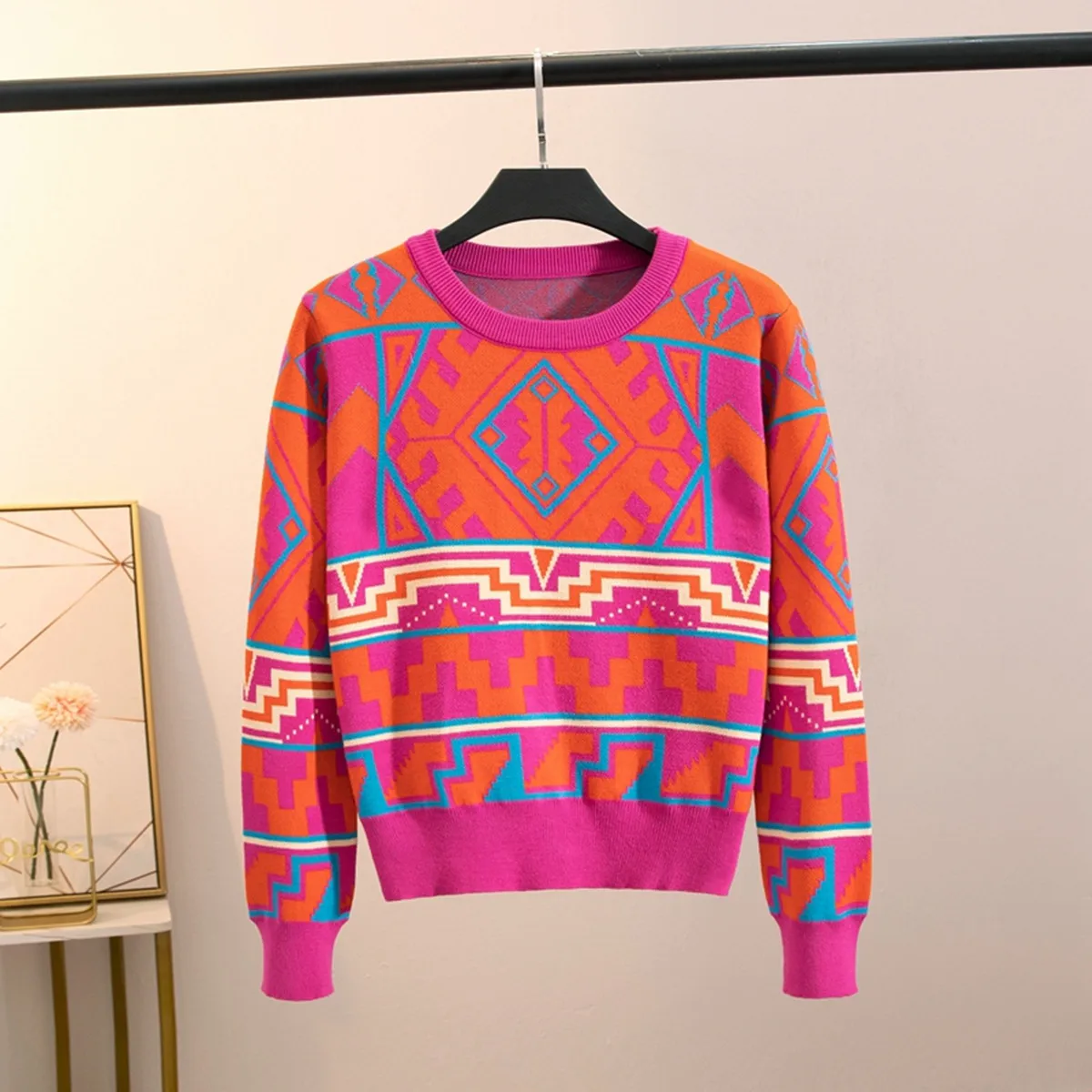 Spring Autumn Fashion Geometric Jacquard Colorful Knitted Pullover Jumper Tops Casual O-neck Long Sleeve Striped Sweater Women