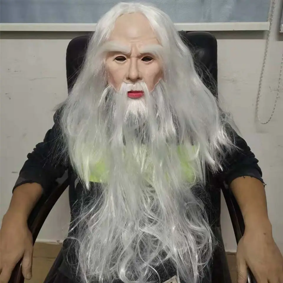 Cabelo branco mago máscara com barba branca, vovô tampa da cabeça, Santa Latex Role Play Adereços, Adereços de Halloween, Engraçado