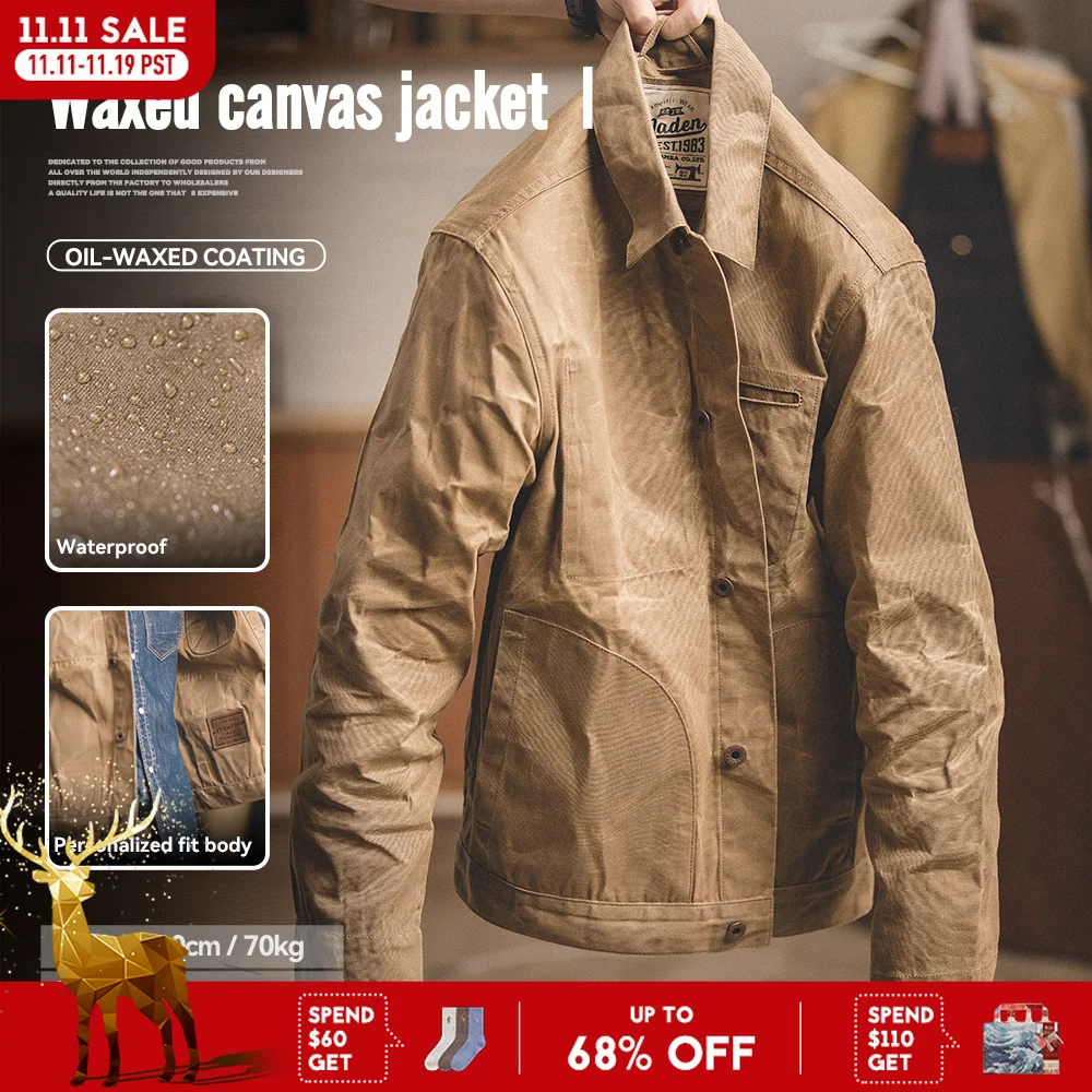 Maden Vintage Herren Canvas Oil Wax Jacken Khaki Multi-Pocket Reverskragen Einreiher Jacke Windjacke für Herren Outwear