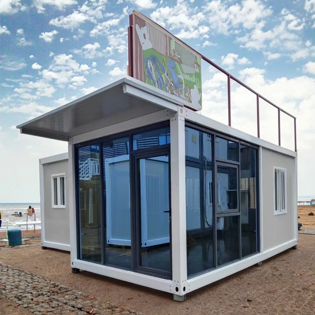 منزل حاوية محمول مسبق الصنع بطول 40 قدمًا للمعيشة الحضرية، عبوة مسطحة، مقطورة منزلية صغيرة، مطبخ، مكتب زجاجي، ميزات الفنادق