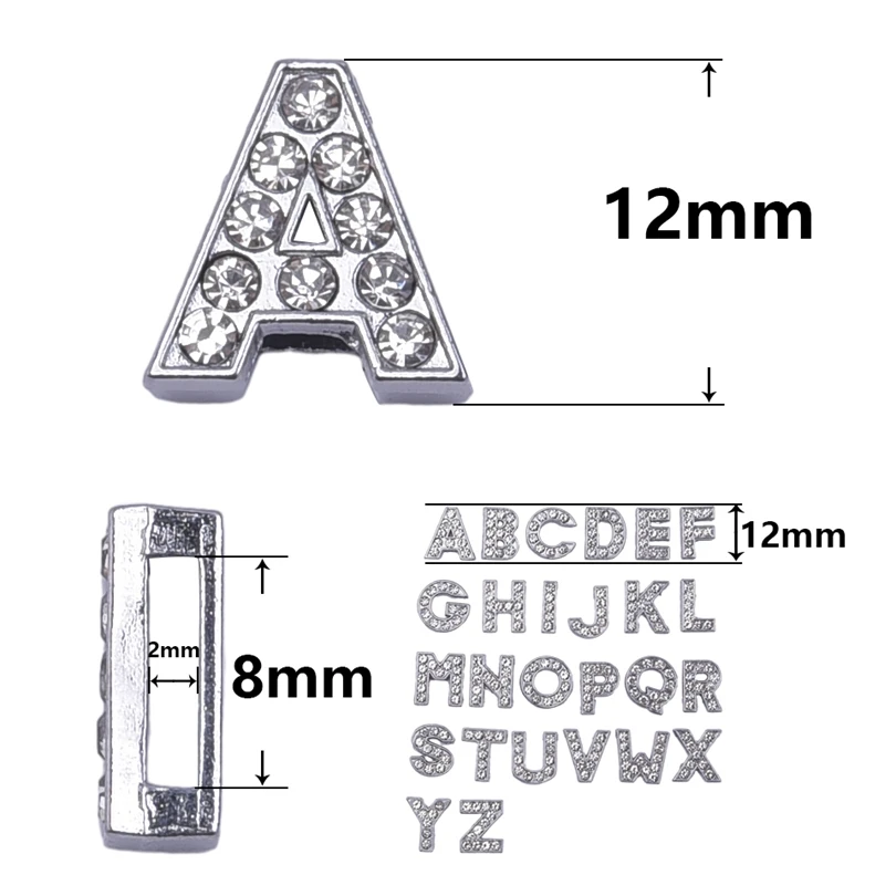 26Pcs/Lot 8mm DIY Initial Letter A-Z Slide Charms Crystal Word English Alphabet Breloques Fit Belt Pet Collar Bracelet Jewelry