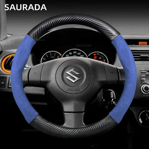 Suede Carbon fiber Steering Wheel Cover For Suzuki Ignis Jimny Samurai grand vitara sx4 swift Alto Emblem XL7 Car Accessories 10 best sales suzuki jimny steering wheel cover - №10
