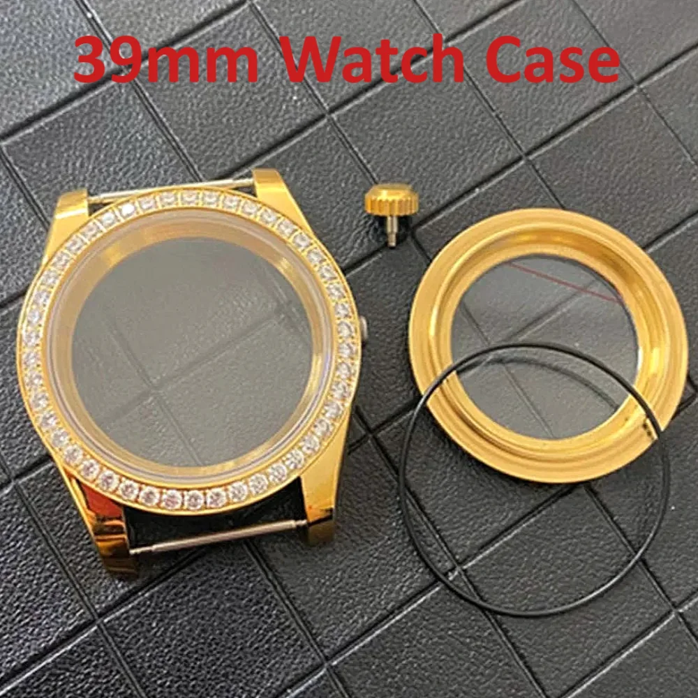 

39mm PVD Gold Diamond Watch Case for NH35 NH36 Movement Part Full Gold Case with Diamond Bezel Sapphire Glass Stainless Steel