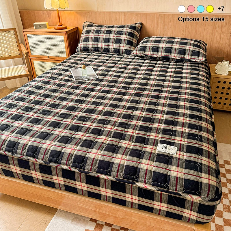 Retro Plaid Quilted Cotton Mattress Protector, Deep Pocket Mattress Cover, Soft Padded Cushion Pad, Breathable Skin‑Friendly