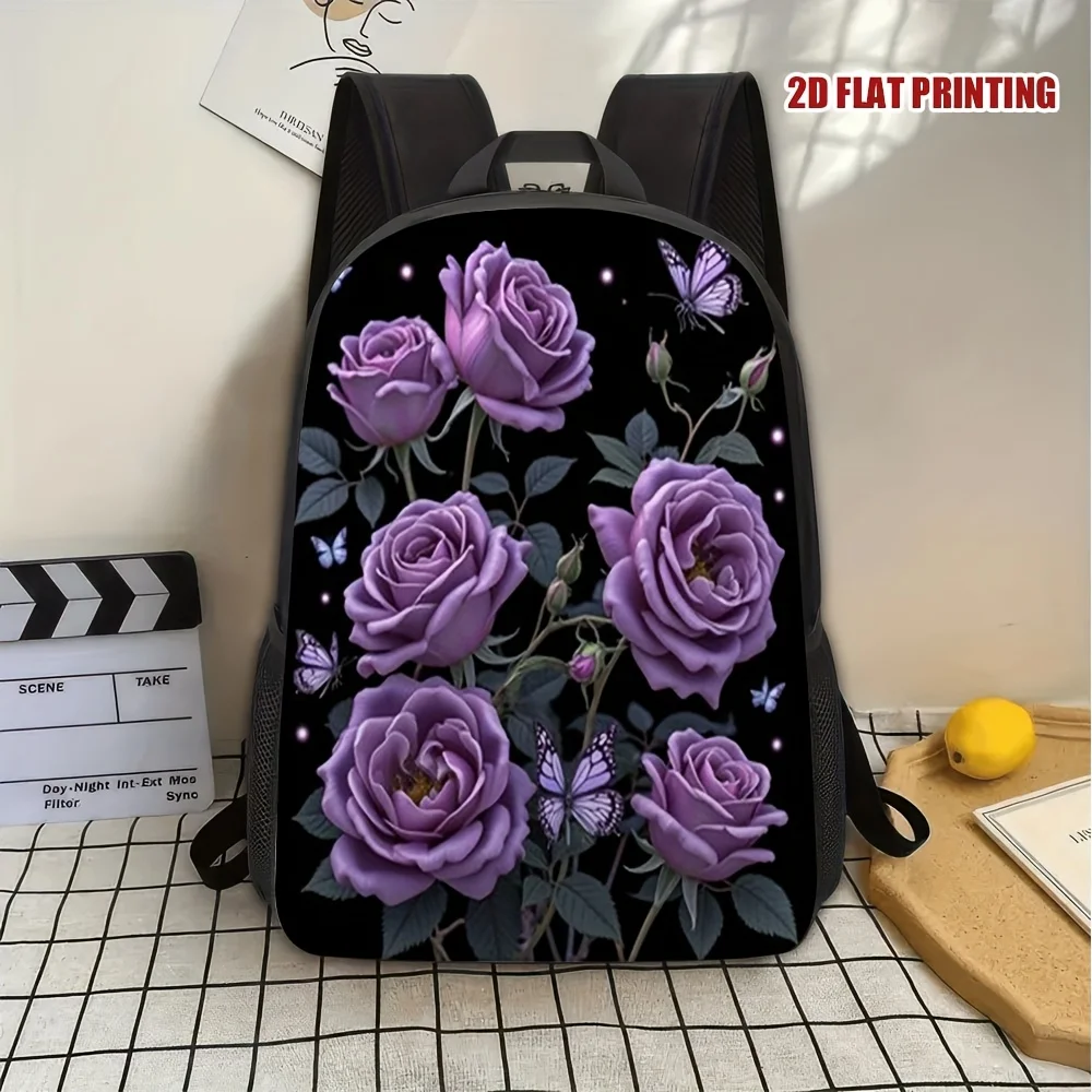 

1 piece Lavender Dream Floral Print Travel Backpack - Stylish purple rose and butterfly design, large capacity shoulder