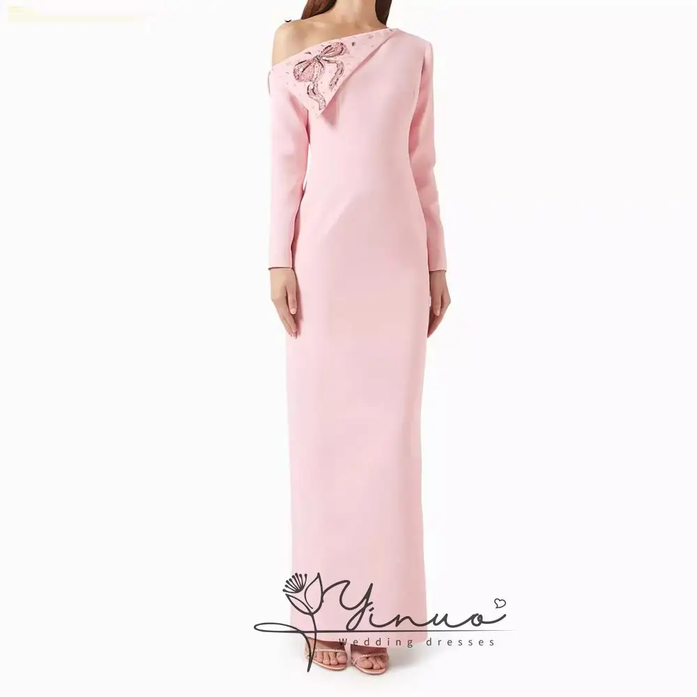 Customized  Women's Straight Evening Dresses Ankle-length One-shoulder Full Sleeve Prom Dresses Simple Fashion Sequined view 2