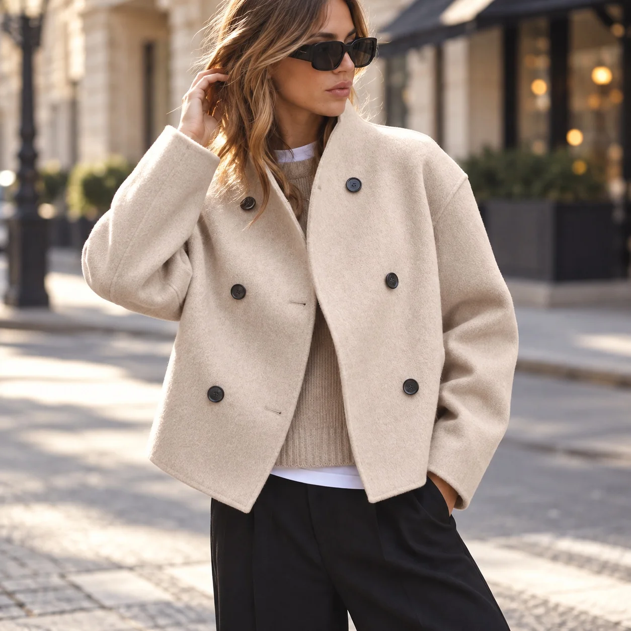 Long Sleeve Button Detail Coat Regular Fit Graceful Elegant Cross Border Style with Ultra Short Length Cropped Women Coat