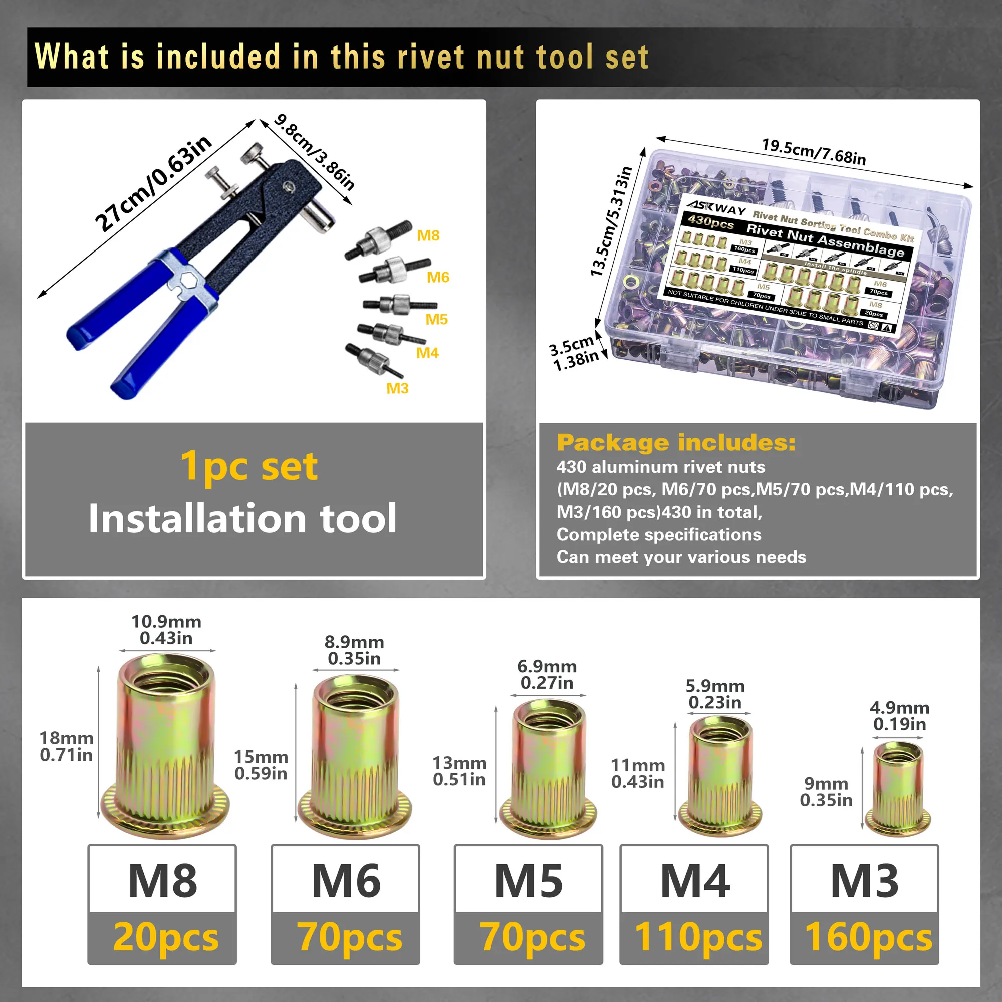 مجموعة أدوات صامولة برشام الضغط، مجموعة صامولة برشام من الفولاذ الكربوني 430 قطعة (M8/M6/M5/M4/M3)، مناسبة للأثاث والديكور #2