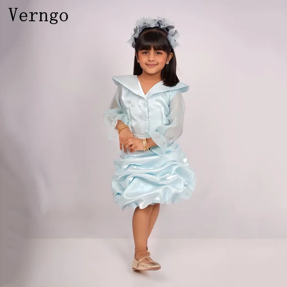 Verngo Baby Blue Shiny Satin Mini Girl Fowers Dress O Neck Full Sleeve A Line Birthday Party Dresses Kid Prom Gown Customized