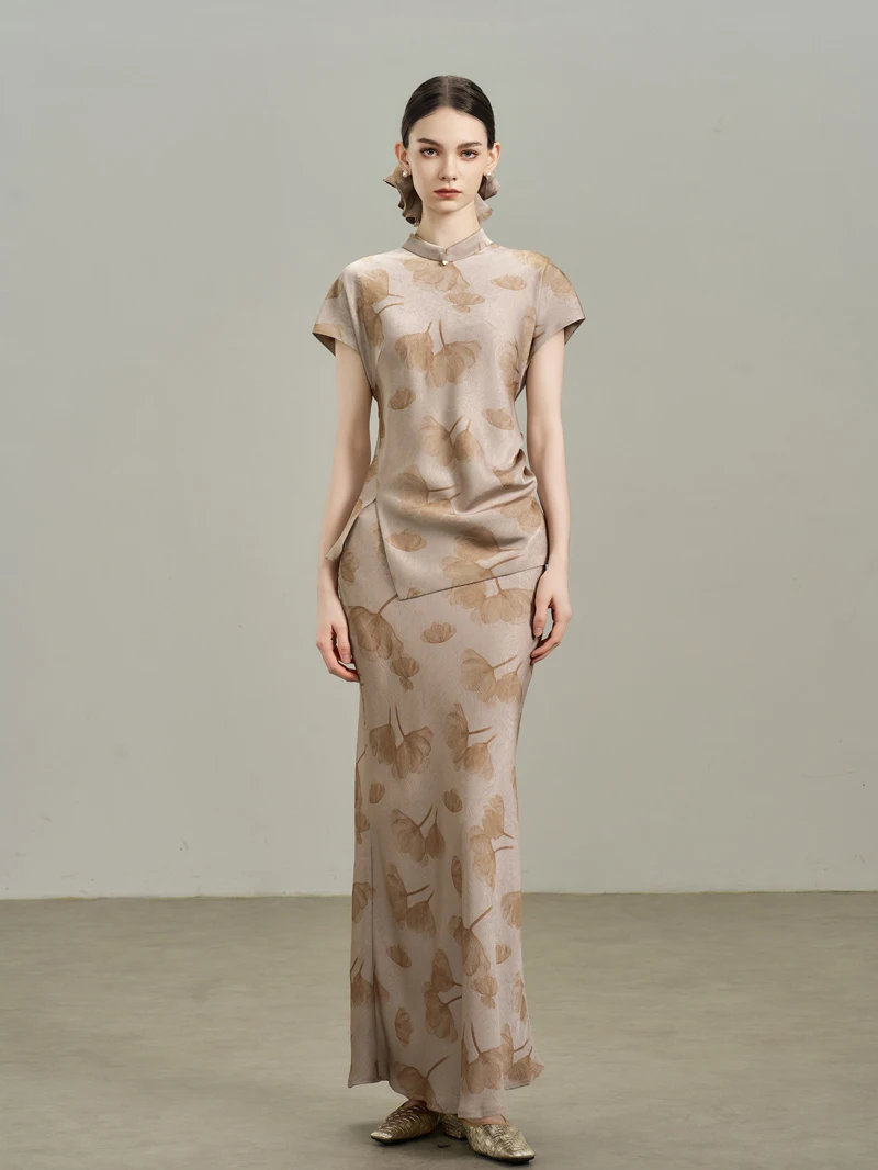 

Новый китайский костюм-двойка (топ и юбка) в стиле русалки, коричневый, весна-лето, для путешествий и отпуска, стройнящий, винтажный, с прямым воротником, на каждый день...