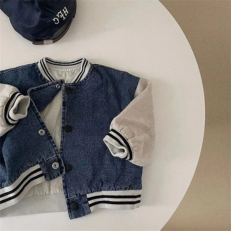 2025 Autumn New Baby Long Sleeve Coat Fashion Boys Splicing Denim Jacket Solid Infant Girl Casual Cardigan Toddler Clothes