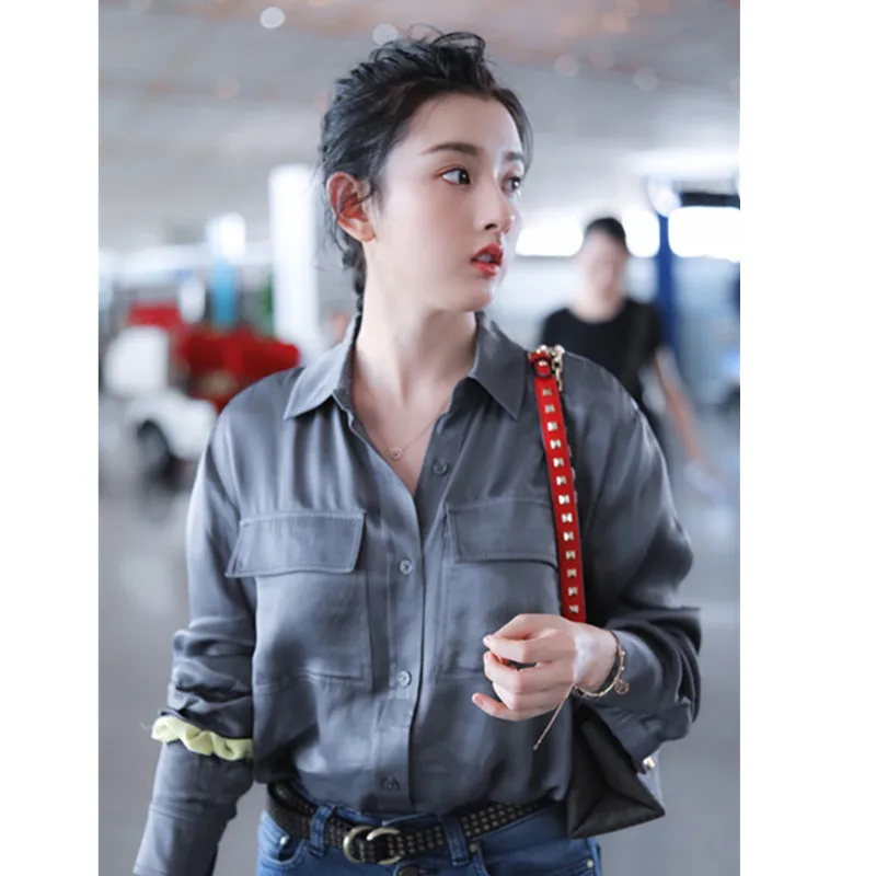 

Gray Silk Long Sleeve Shirt Women's Casual Loose Double Pocket Shirt Commute Fashion Week Spring Summer Naturaleye Pure Color