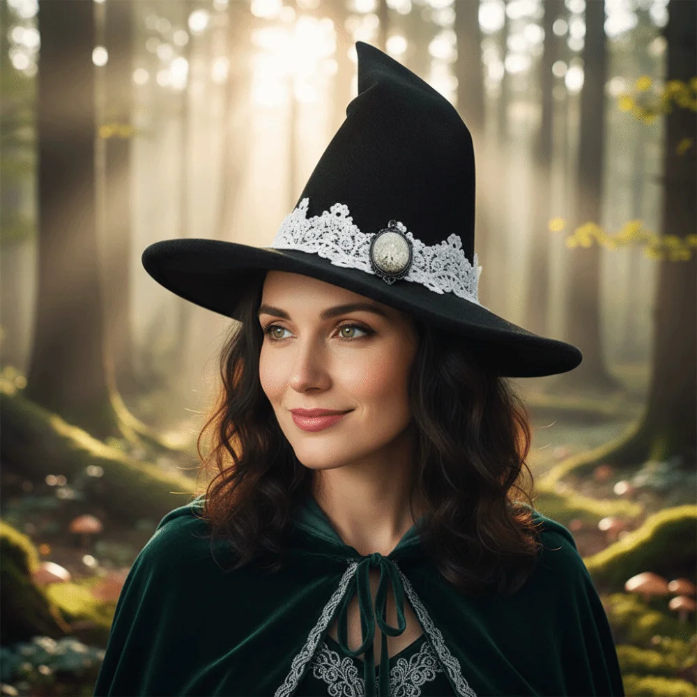 Cosplay Vintage Lace Witch Hat Lace Trim Elegant Black Wizard Hat Tree Of Life Badge Victorian Style Wizard Cap Gothic Occasion