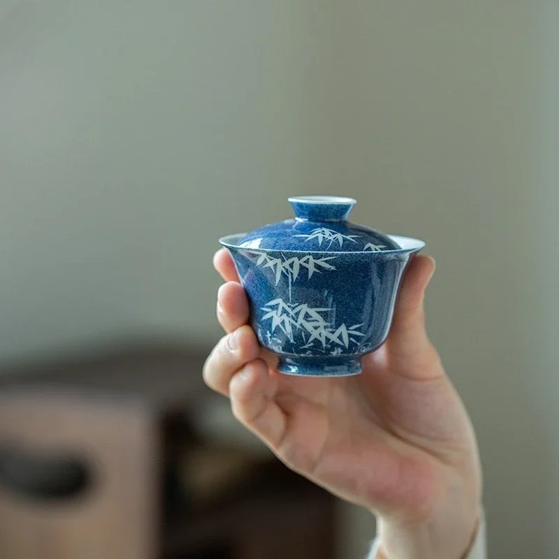 Sprinkling Blue Hand-painted White Ya Bamboo Cover Bowl Handmade Ceramic Tea Bowl KungFu TeaSet Not Hot Mini Tea Bowl Master Cup