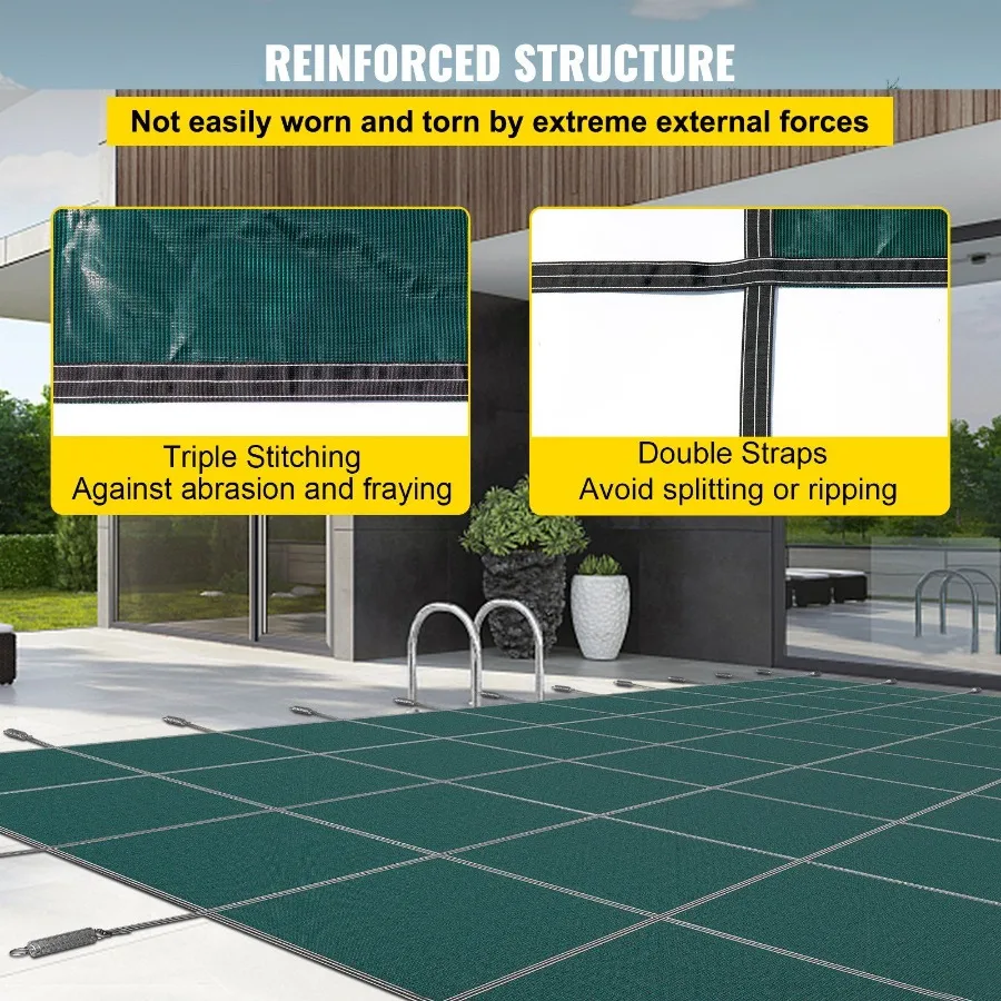 غطاء أمان لحمام السباحة الداخلي بطول 18 قدم × 34 قدم غطاء حمام سباحة شتوي مستطيل مع خطوة يسرى ثلاثي مخيط شبكي عالي القوة PP Ma